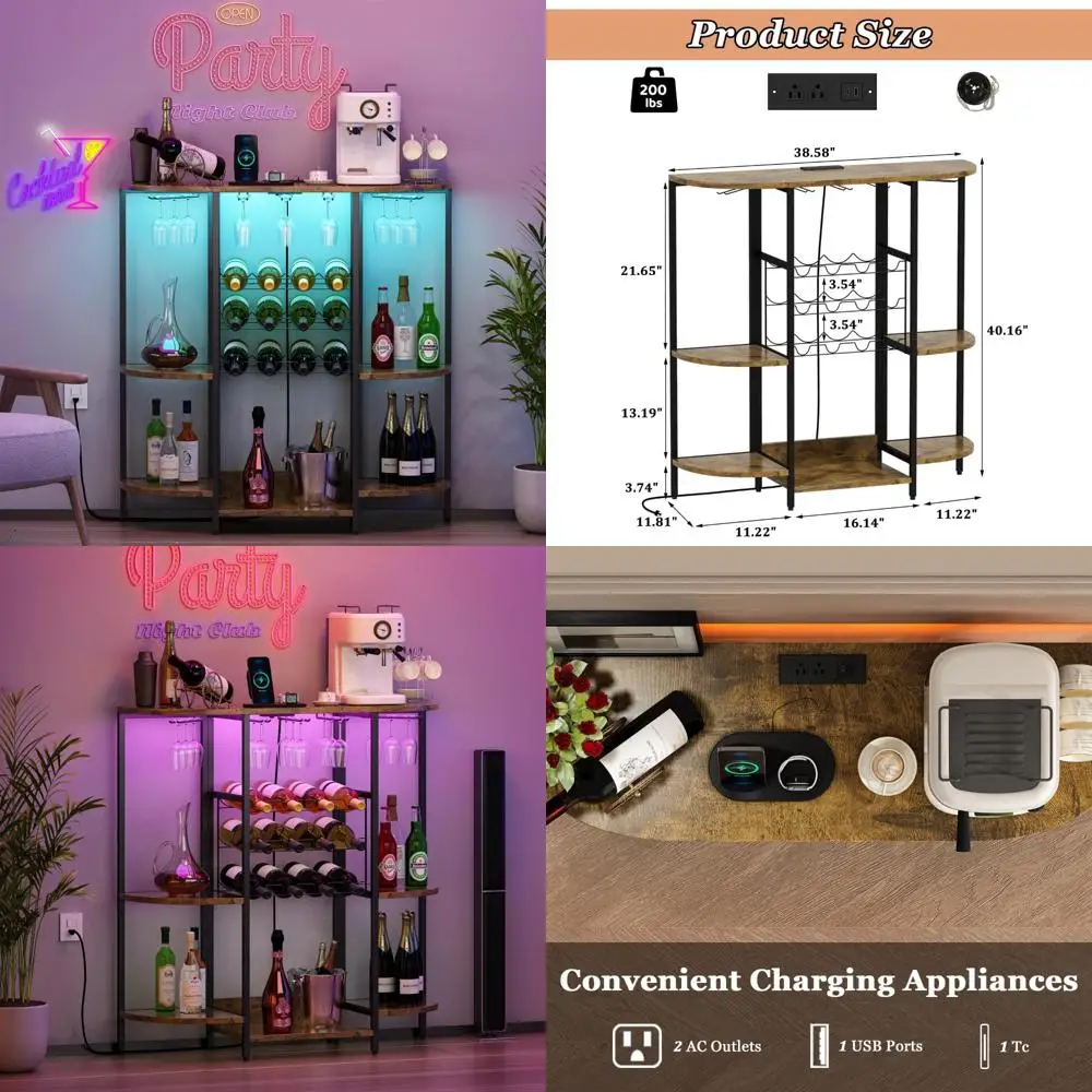 bar cabinet with led lights & power outlets, freestanding mini bar for liquor and coffee, wine rack with glass holder, for kitch