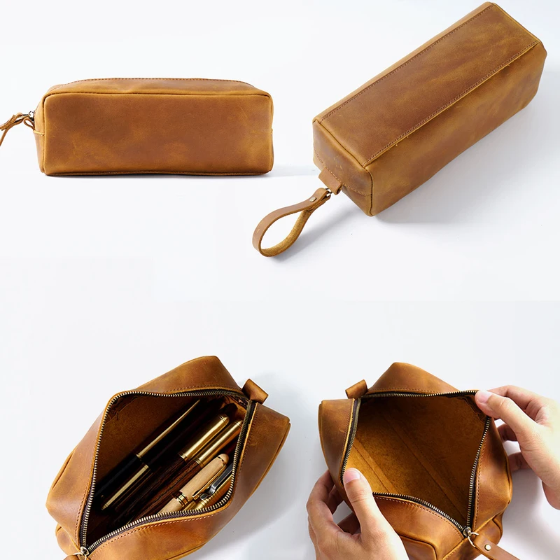 Large Capacity Leather Pencilcase Zipper Stationery Holder Organizer Big Handmade Real Cowhide Pencil Pouch Case School Bags