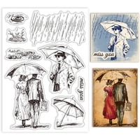1pc Umbrella Man and Woman Clear Stamps Rainy Day Clear Rubber Stamps Water Drop Silicone Stamps for DIY  6.3x4.33inch