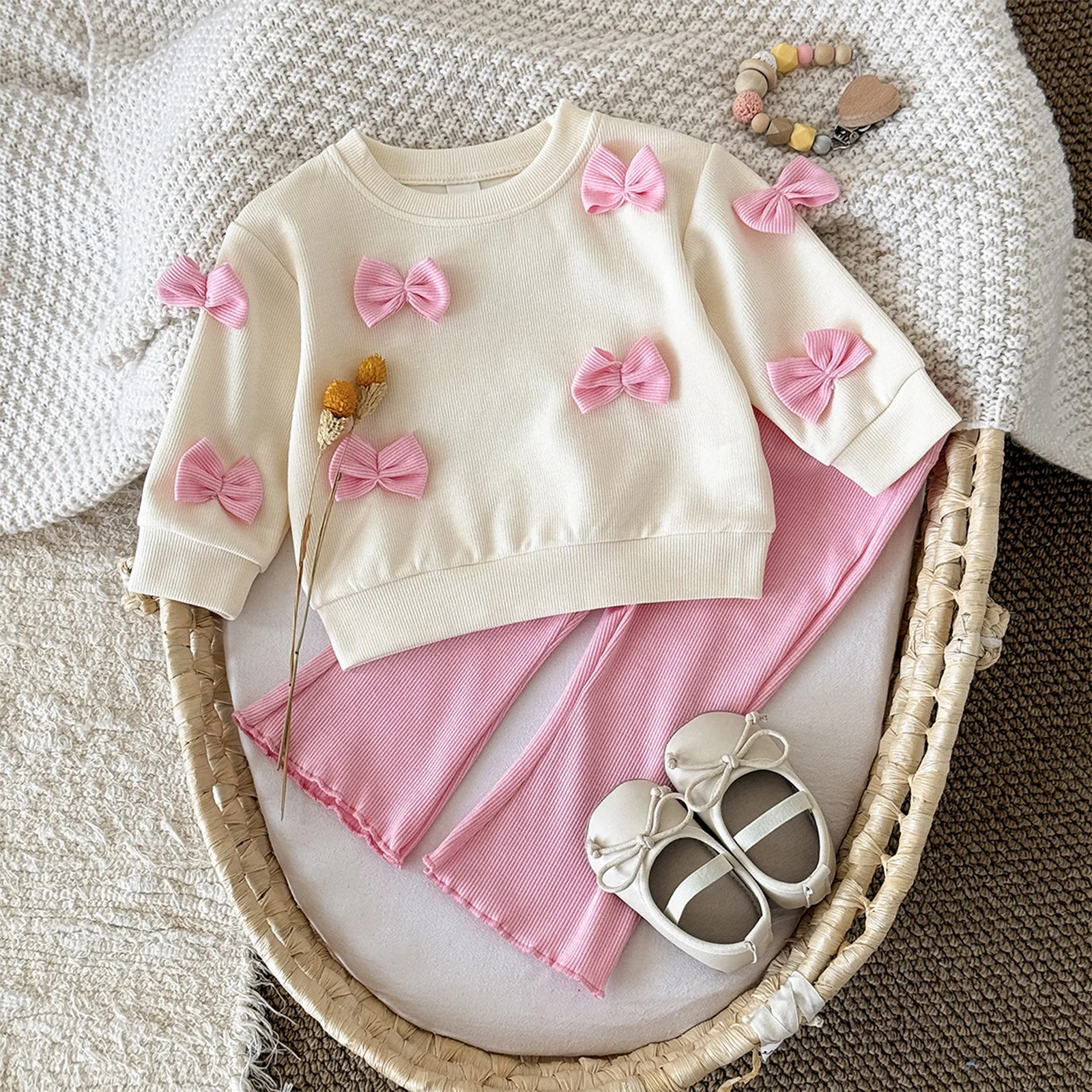 

Toddler Baby Girls Fashion Spring Autumn Outfit Sweet Pink Bowknots Pullover Tops with Ribbed Flared Pants Casual Infant Clothes