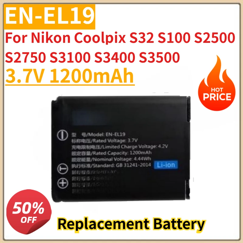 

New EN-EL19 EN EL19 Camera Battery 3.7V 1200mAh For Nikon Coolpix S32 S100 S2500 S2750 S3100 S3400 S3500 Replacement Battery
