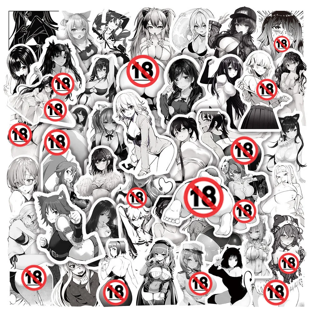 10/30/50/100pcs Cartoon Zwart Wit Sexy Waifu Anime Meisje Sticker Hentai Bunny meisjes Decals voor Volwassen DIY Helm Telefoon Notebook