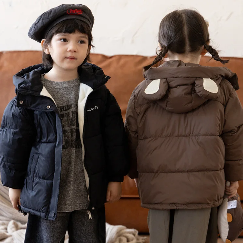 

2024 Winter Kids Boys Plucked Cotton Jacket Short Hooded Thicken Cotton Quilted Jacket For Childrens Boys Solid Warm Boys Parkas