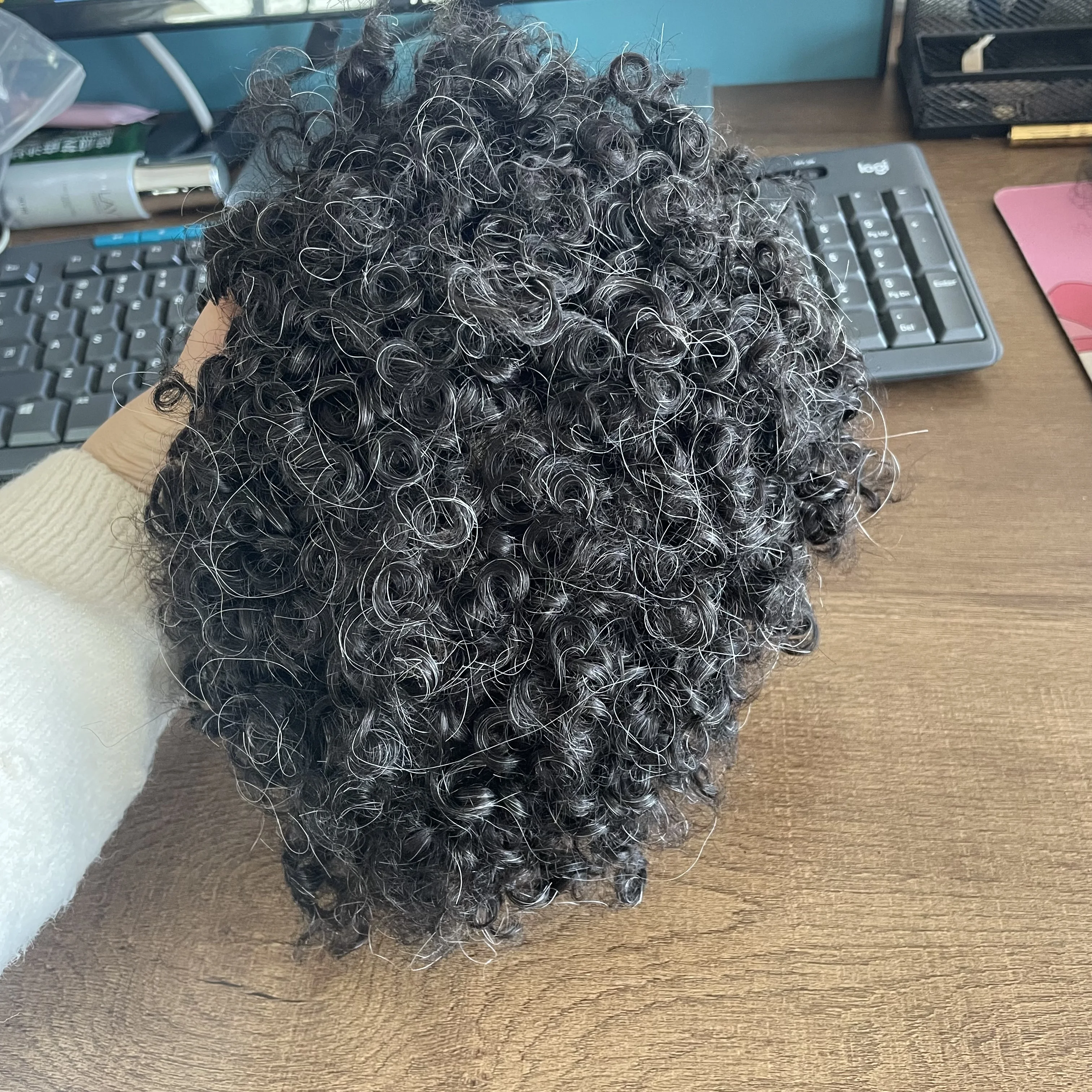 حقن غير قابل للاكتشاف 0.1 مللي متر قاعدة PU الأفرو 15 مللي متر مجعد 1B10 شعر رمادي اصطناعي رخيصة شعر بشري مجعد الرجال الشعر المستعار شعري طبيعي #5