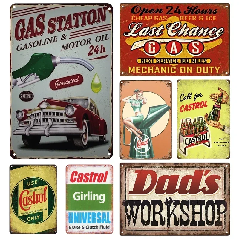 Tin Sign Vintage Garage Gas Station Decor Wall Plate Poster Motor Oil Gas Castrol Metal Signs Crafts Decoration Tinplate Plaques