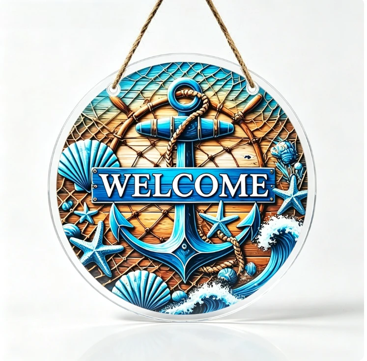 Nautical Anchor Starfish Shell Round Acrylic Welcome Sign Door Hanger,Vintage Fishing Net Anchor Acrylic Door Hanging Porch Home Ornament