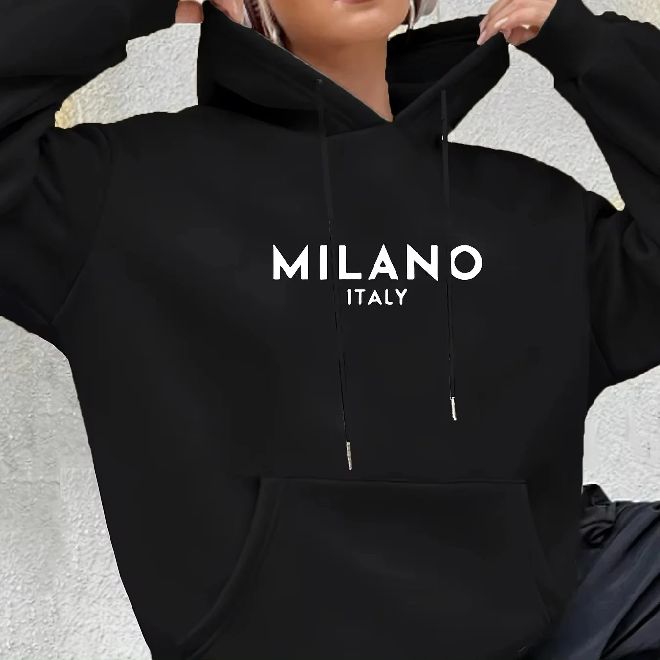 Milano Print Kangaroo Pocket Women\'s Hoodie Casual Long Sleeve Drawstring Hoodies Sweatshirt  Women\'s Clothing