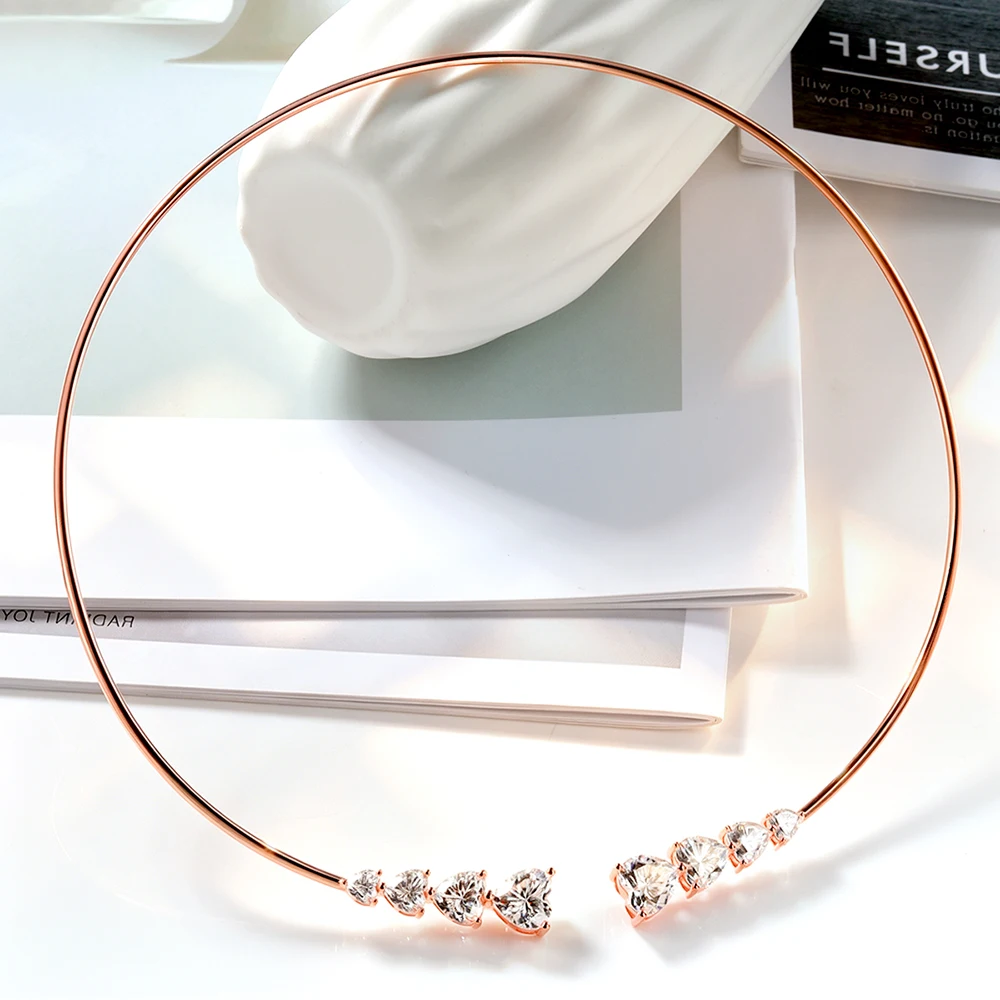 EWYA 3EX Heart Cut Moissanite Graduated Open Choker Neck Chain Women S925 Silver 4-Stone Lab Diamond Cuff Collar Necklace Gift