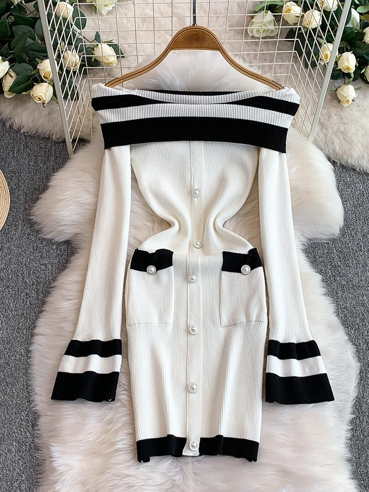 Vrouwen Jurken Color Blocking Uitlopende Mouw Schimmel Side Slash Hals Herfst Winter Parel Knop Slim Fit Tube Mini Vestidos DS233