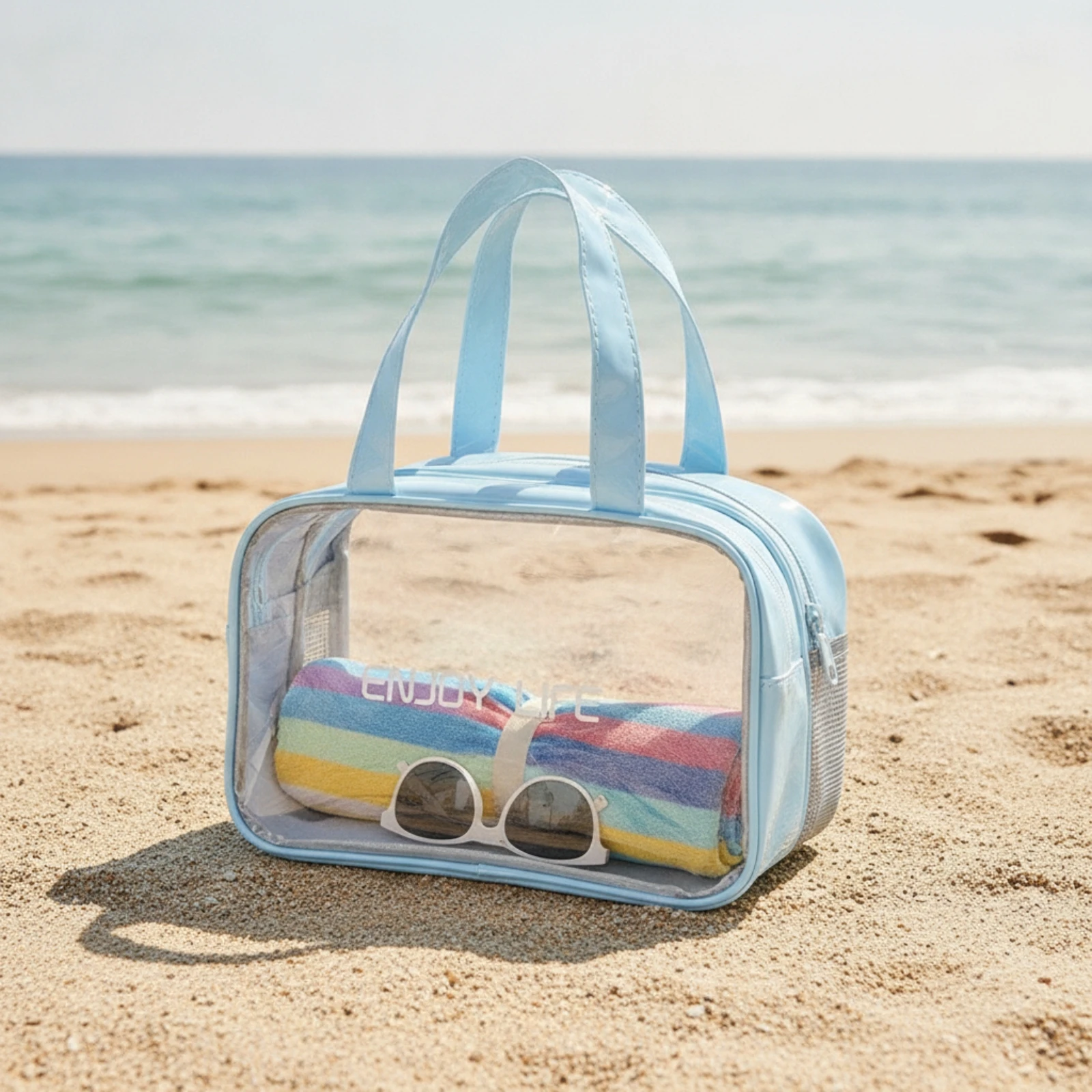 Clear Tote Bag with Side Mesh Pockets Large Capacity Clear Utility Tote Heavy Duty Portable for Swimmers, Beach, Pool
