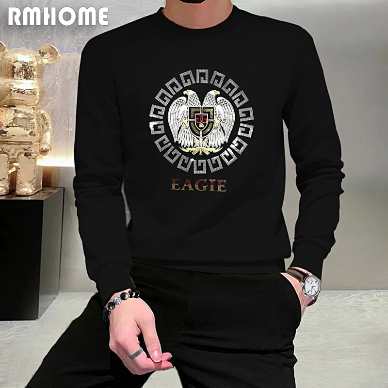 

Trendy Fashion Men's Sweater Hoodies Sequin Print Eagle O-neck Long Sleeved T-shirt Pullover High-quality Male Autumn Clothing