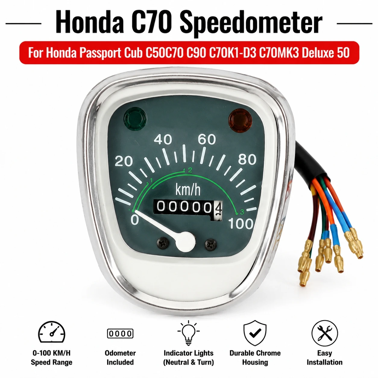 Motorcycle Speedometer Odometer Gauge for Honda Cub C50 C70 C90, Retro Mechanical Mileage Meter Motorbike Replacement Instrument
