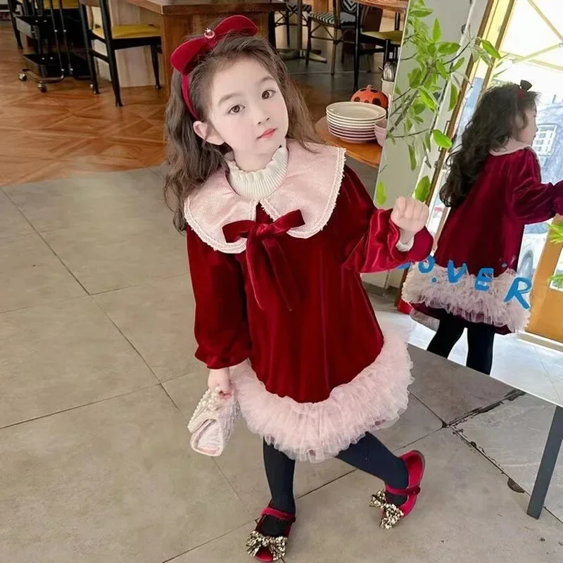 2024 New Year Red Girl Fleece Dress Doll Collar Sweet Spliced Golden Fashionable Temperament Velvet Princess Dress