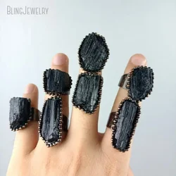 10pcs Raw Black Tourmaline Crystal Gemstone Jewelry Copper Electroformed Rough Schorl Adjustable Size 7 8 9 Halloween Men Ring