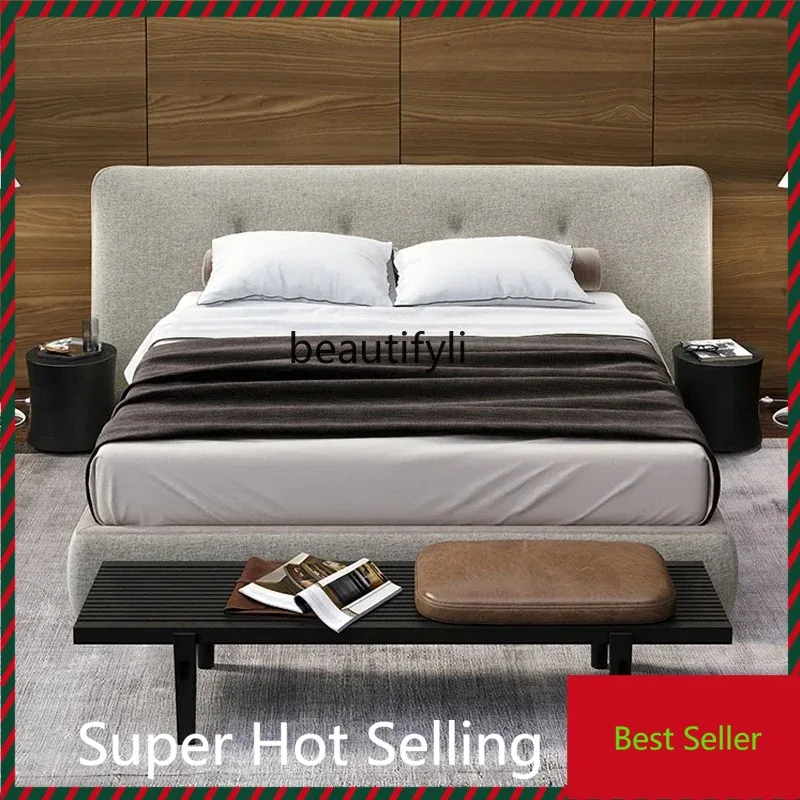 

QQ132 Cotton and linen fabric bed, large flat floor master bedroom high-end double wedding bed