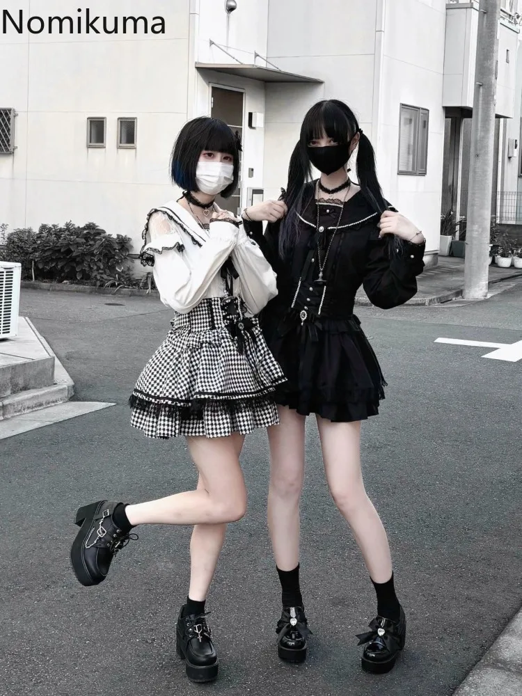 تنورة منقوشة من Faldas Mujer De Moda لعام 2025 للنساء تنانير يابانية حلوة بخصر عالٍ بفيونكة لطيفة مطرزة بالخرز على شكل حرف a تنانير صغيرة