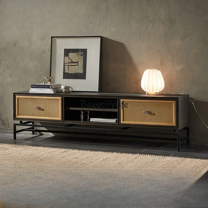 

Nordic modern minimalist retro medieval solid wood TV cabinet living room rattan floor cabinet