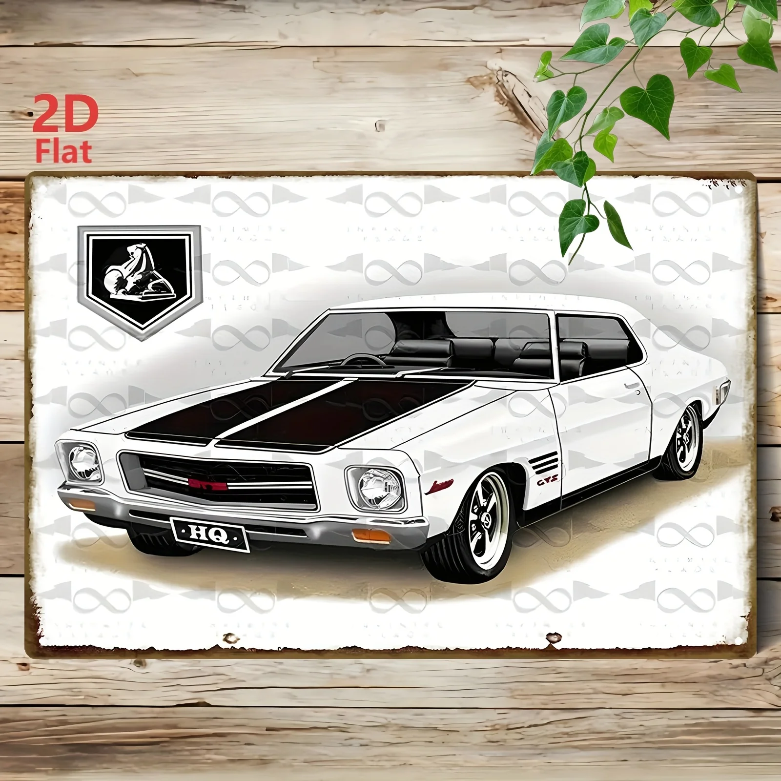 2D flat, 1 vintage metal tin sign - white car with black stripes and HQ logo, shield background, 20.32 x 30.48 cm wall art, suitable for bar, garage, cafe, garden, school library and farmhouse decoration