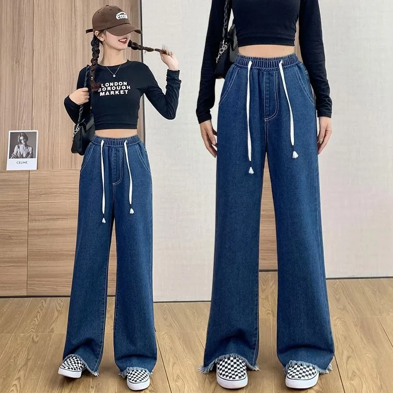 

2023 New Denim Trousers Wide Legs Straight Legs Loose Mopping High-waisted Student Plus-size Women Pants 200 Pounds Can Be Worn