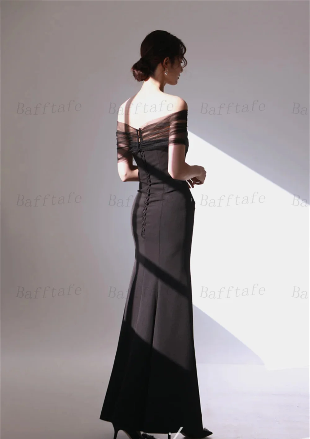 Bafftafe Black Mermaid Matte Satin Evening Dresses With Wrap Corset Back Midi Bridal Gowns Photography Prom Dress Customized
