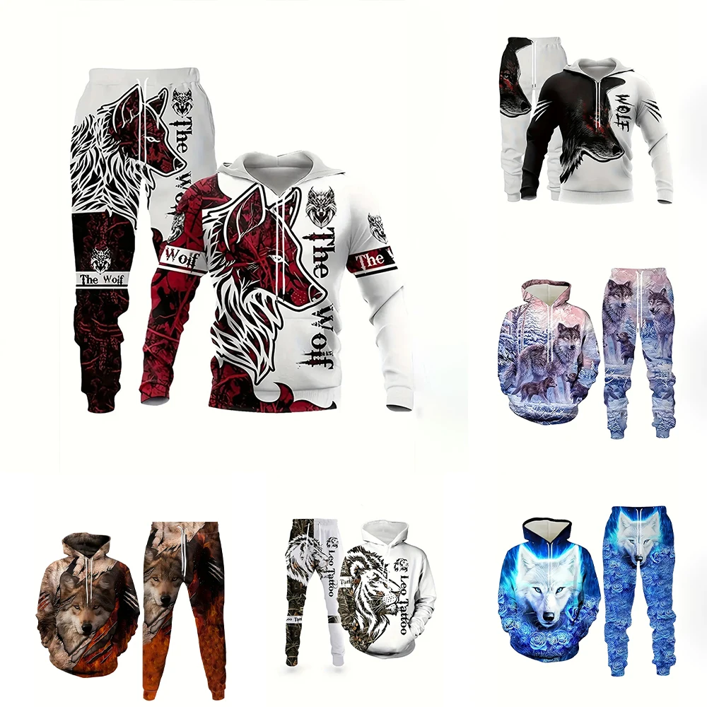 Smart Wolf 3D printed retro 2-piece hoodie sweatpants for men Fall Winter Casual street retro men's fashion sweatshirt hoodie