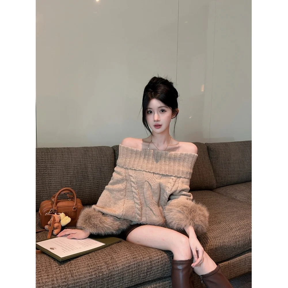 Automne hiver nouveau pull tricoté pour femmes Faion Twist oulder fourrure épissage Long Sve coupe ample doux moyen Kni...