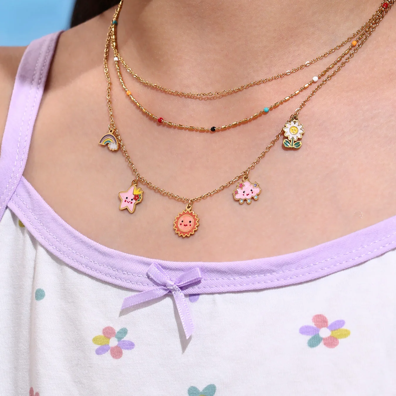 k Drip Oil Cute Sun Stars Clouds Stainless Steel Necklace Bracelet for Children Waterproof Fashion Jewelry