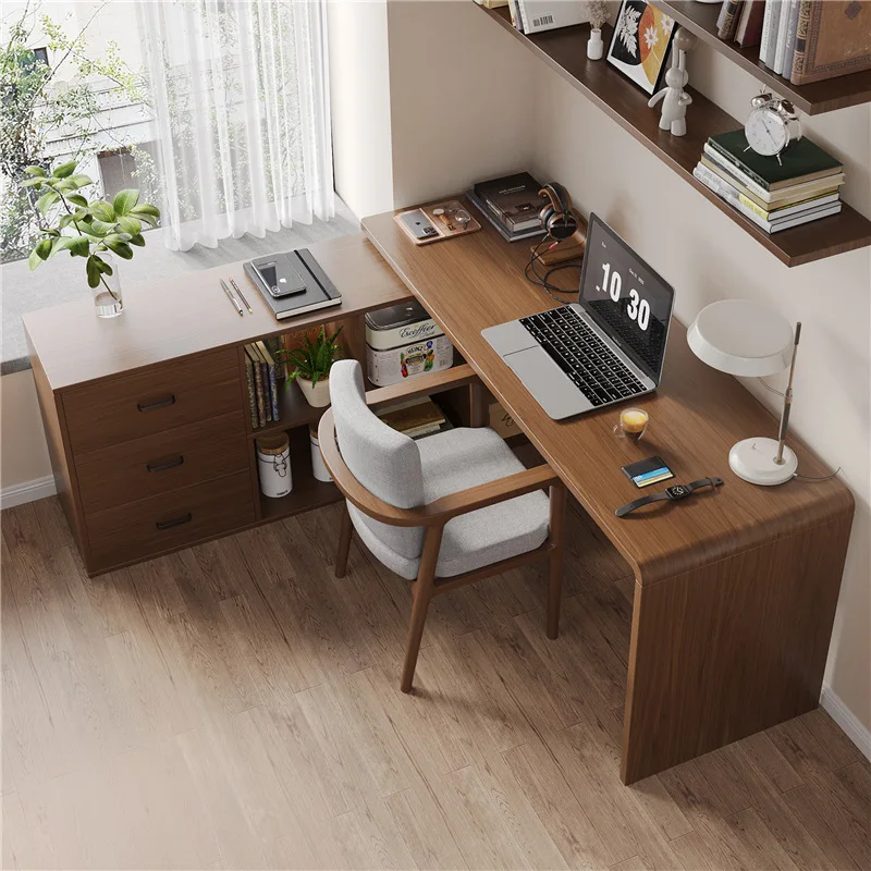 Nordic desk semi-enclosed table household L-shaped computer table and chairs simple all solid wood corner desk bookcase