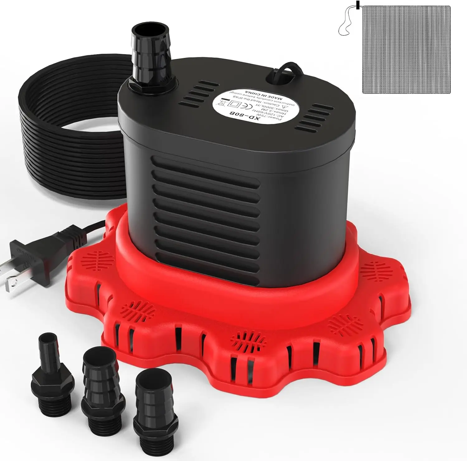 

Above Ground Pool Cover Pump, 850 GPH Submersible Water Pump with 16' Hose, 25' Cord, 3 Adapters, Black