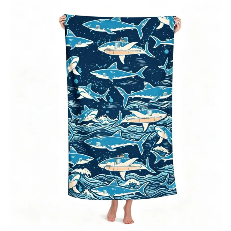 Oversized Microfiber Beach Towel, Blue Shark Ocean Splash Print, Quick Dry & Sand Resistant, for Summer Beach Pool Vacation