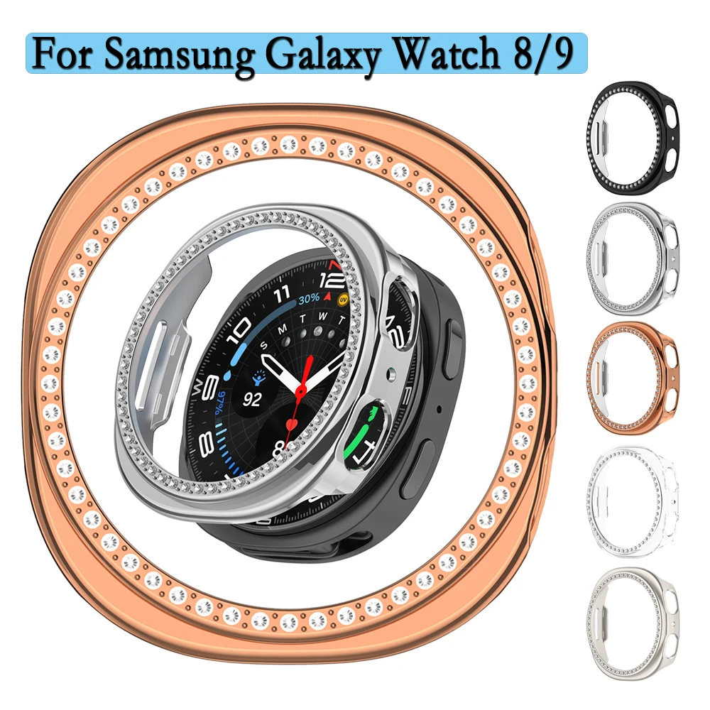For Samsung Galaxy Watch 8/9 40/44mm Frame Shell Hollow Protective Hard PC Case Durable Cover With Plastic Diamond Decoration