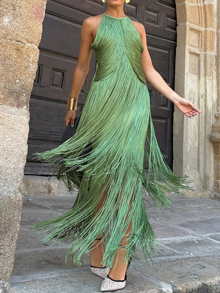 エレガントなタッセルスプライシングソリッドガウンワンピース レディースファッション ハイウエスト ノースリーブ ロングドレス 2025 セクシー バックレス スリム イブニングドレス