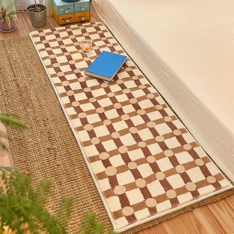 VIKAMA Ins Bedroom Rug Bed Rug Fresh Blue Checkered Long Rug Soft and Comfortable Girl Room Cute Plush Rug Home Decor