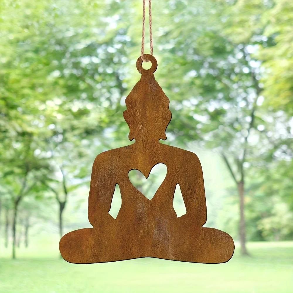 Rusty Vintage Brown Iron Buddha Hanging Statue Open Heart Meditation Ornament Weatherproof Zen Decor For Indoor Outdoor Patio