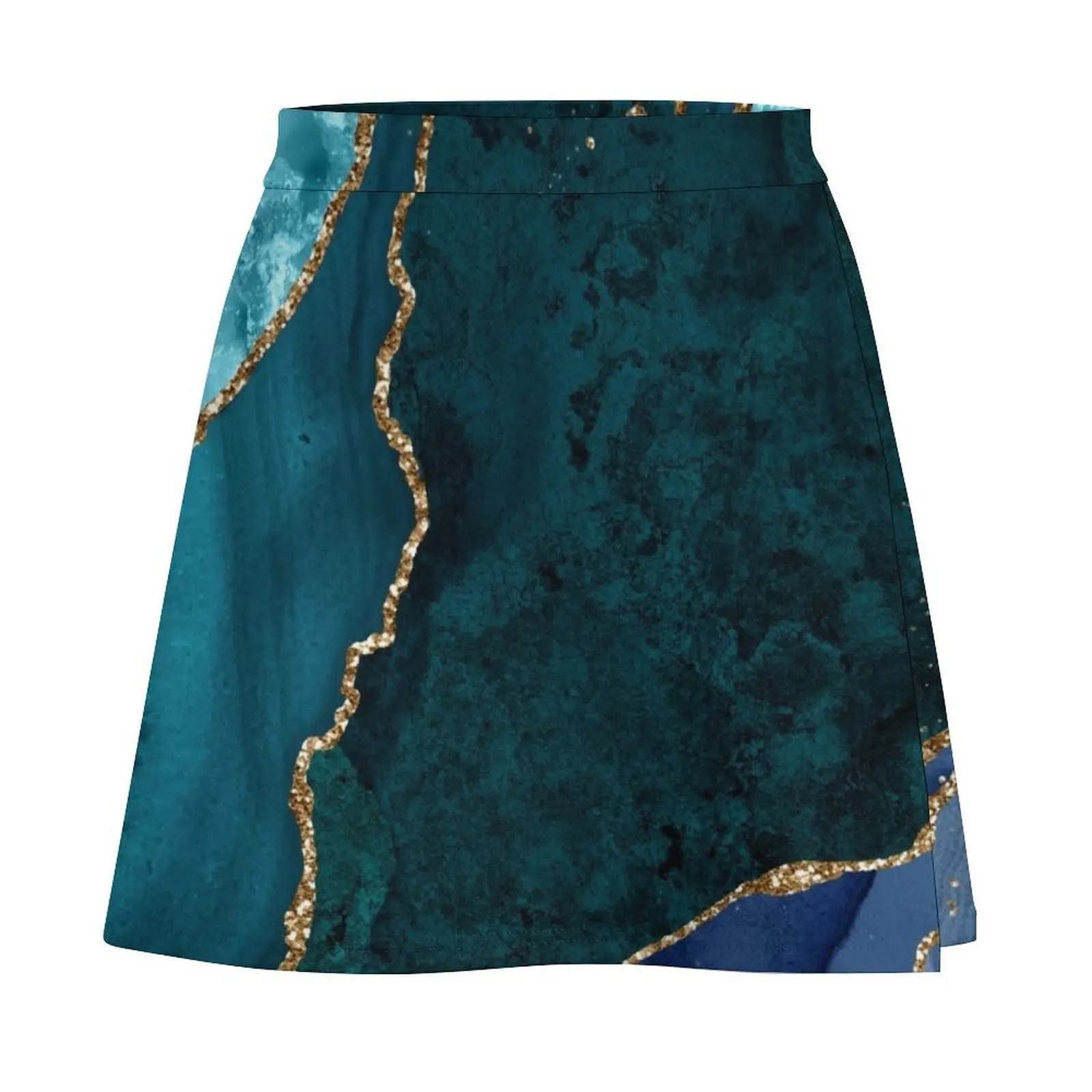 Blue and teal colors, peacock colors, agate stone effect with gold accents, striking and colorful Mini Skirt