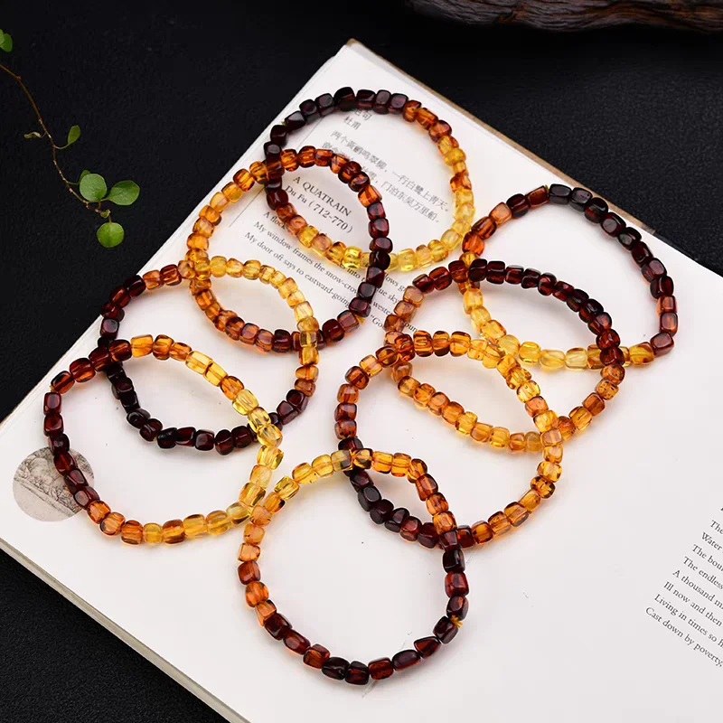 Natural Yellow Amber Beads Bracelet Red Amber Women Men 6mm Rare Healing Stretch Jewelry AAAAA
