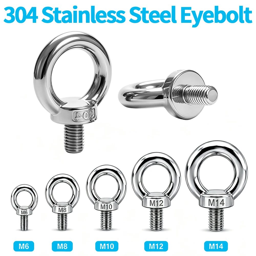 M6-M14 304 Stainless Steel Eyebolt Suitable for RV Camping Sunshade Outdoor Sliding Rail Eyebolt Screw Bolt Fixing Accessories