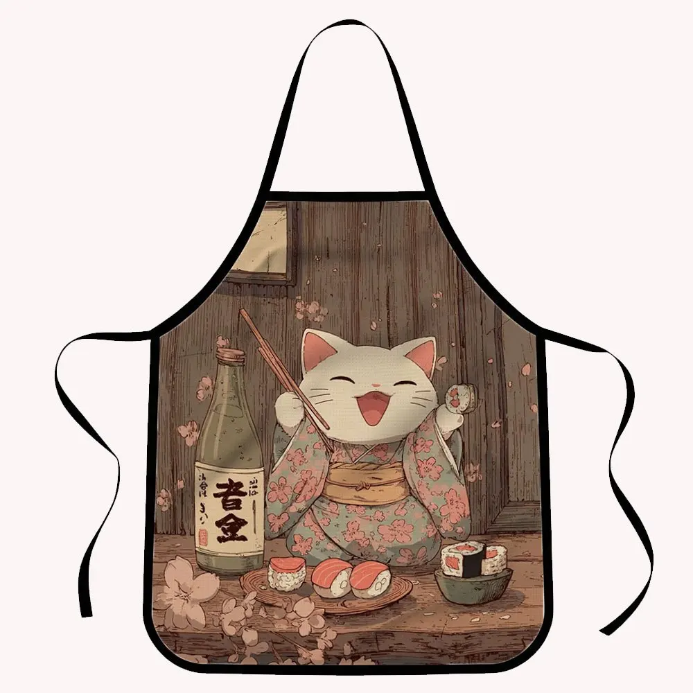 Glückskatzen-Sushi-und-Sake-Schürze - Küchenschürze mit Glückskatzen-Motiv und Sushi-Roll-Print, Geeignet für Hausmannskost und Restaurants