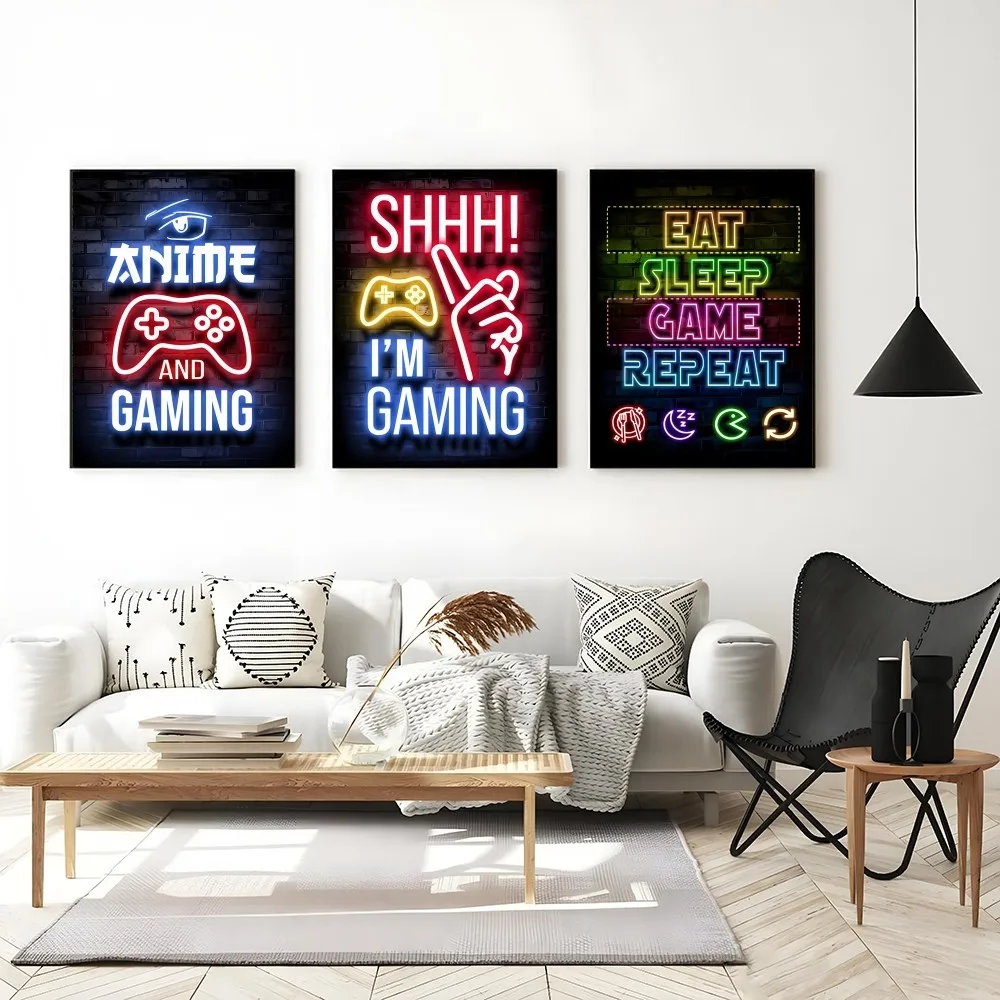 1PC Neon Gamepad Game Zone Poster Self-adhesive Art Waterproof Paper Sticker Coffee House Bar Room Wall Decor