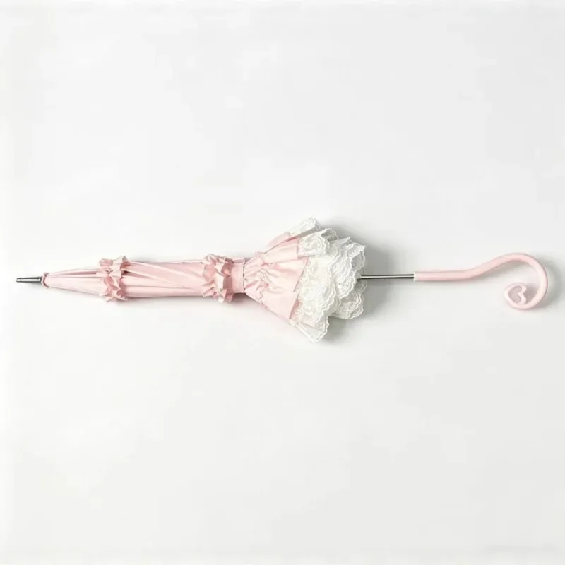 Lolita Style Lace Umbrella with Heart Handle for Patio Parasol Uv Umbrella  Paraguas Sun and Rain Photo Props