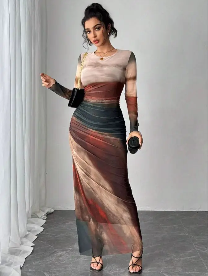 

2025 Summer One-piece Dress Stylish Mesh Print Ruffle Sexy Tight Crewneck Long Sleev Dresses A Variety Of Colors Are On Sale