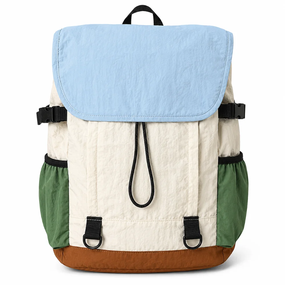 Large Capacity Camping Backpack Drawstring Closure Flap Top School Backpack Water Resistant Multi Pocket Travel Daypack Hiking