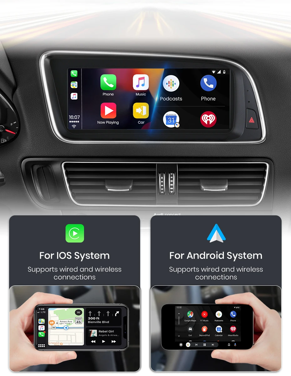 Junsun 8,8 Zoll Bluetooth Wireless CarPlay Android Auto Autoradio für Audi Q5 Q5L 2009-2016 GPS-Navigation 4G WiFi Multimedia-Stereoanlage – Detail 6