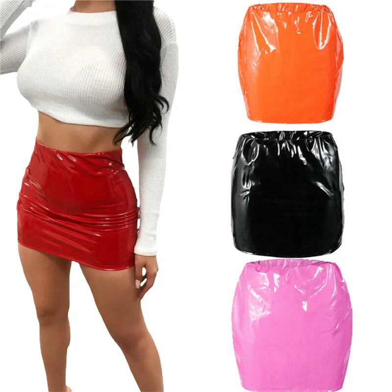 

High Waist Pu Leather Short Skirts For Women Sexy Solid Black Red Orange White Pink Green Pencil Mini Skirts Ladies