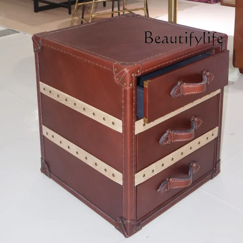05-yj15 Leather bedside table light luxury high sense three drawers retro first layer cowhide storage side cabinet living room b