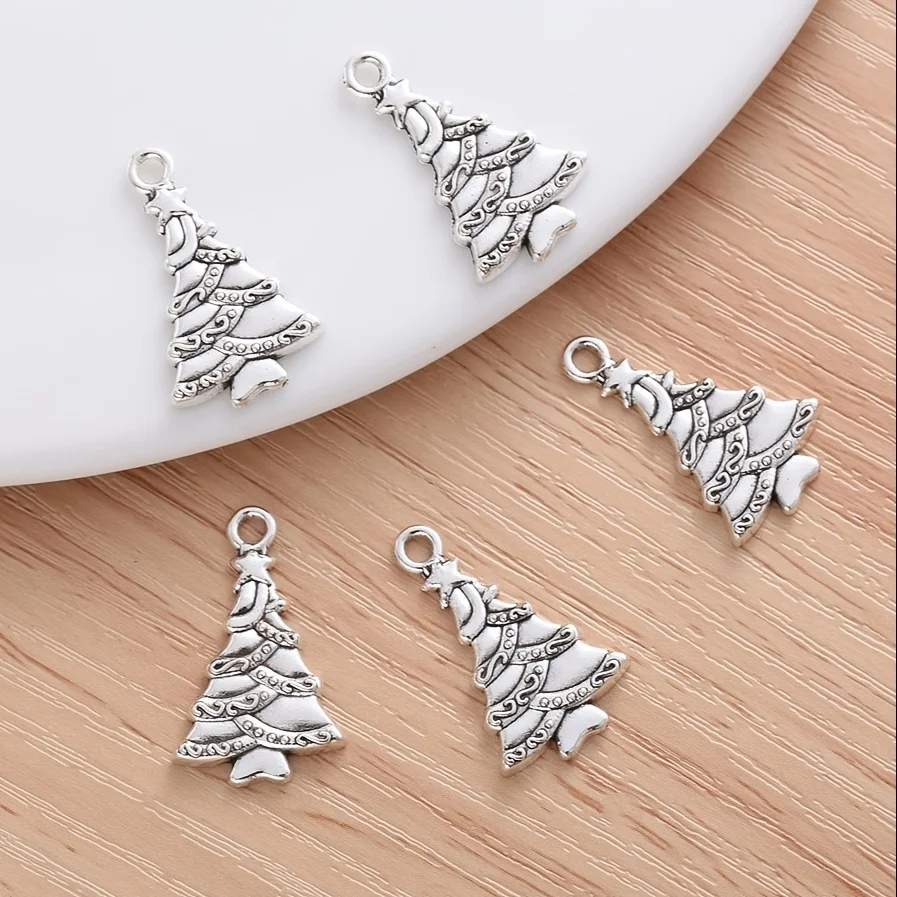 20/30pcs Antique Silver Christmas Tree Charms, Alloy Xmas Tree Pendants for DIY Jewelry Making Bracelet Necklace
