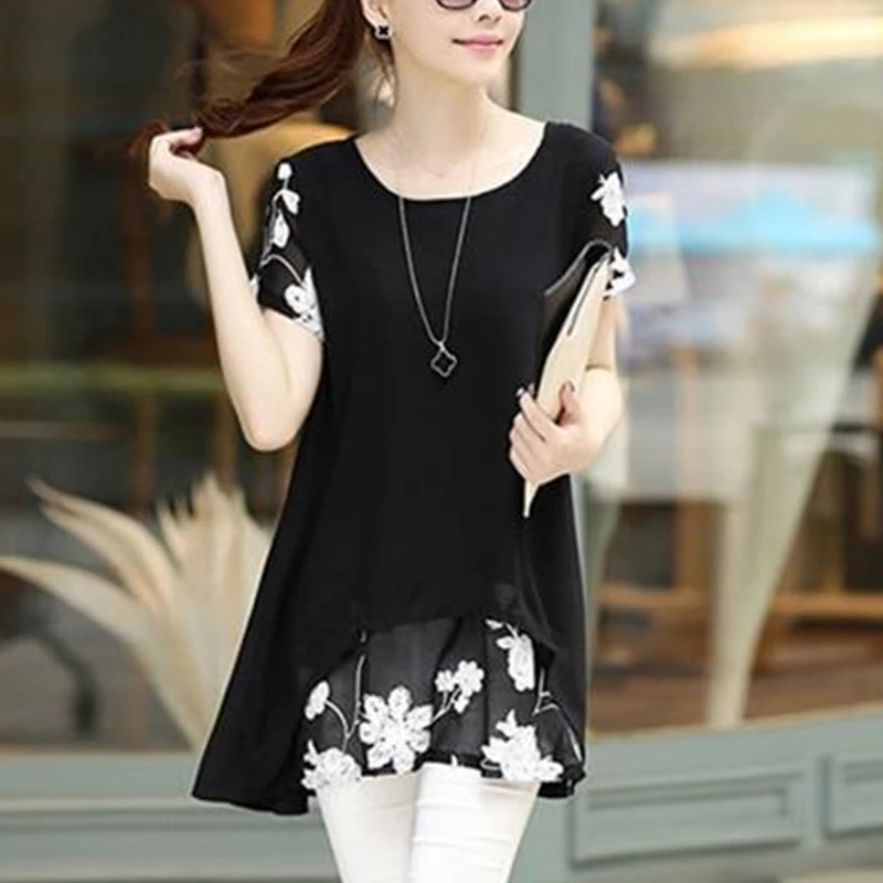 Summer New Oversized Round Neck Printing Chiffon Shirt Ladies Loose Casual Short Sleeve Pullover Blouse Women\'s Long Blusa Tops