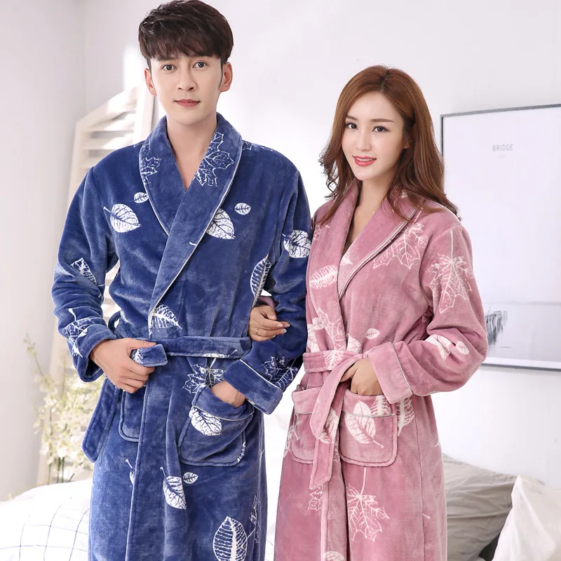 

Print Long Sleeves Robe Nightgown V Neck Lovers Flannel Winter Bathrobe Sleep Dress Home Clothes Sweetheart Loose Casual Kimono