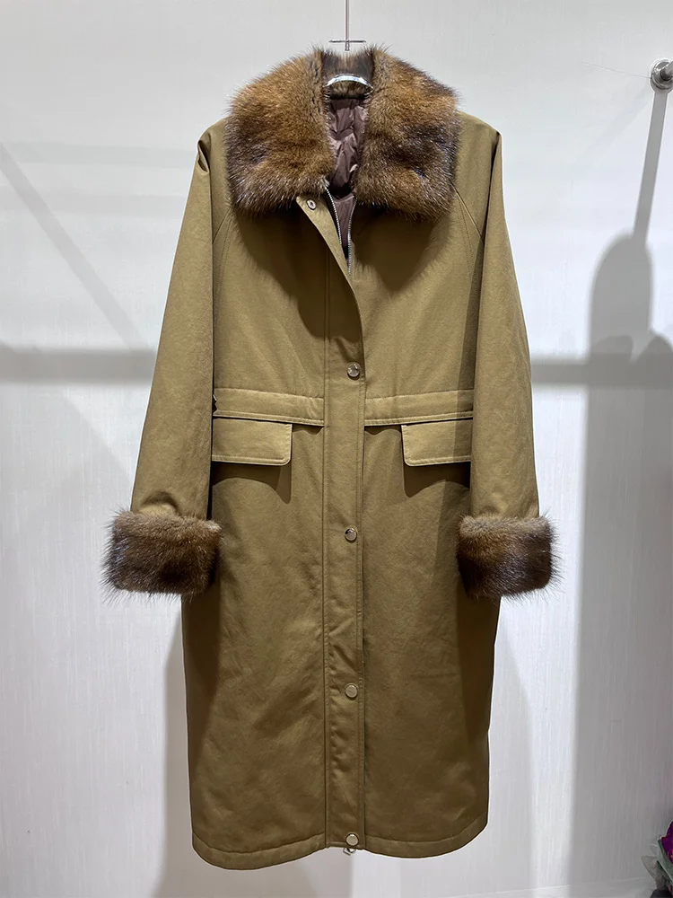 Inverno feminino branco ganso para baixo casacos denim jaqueta natural real muskrat gola de pele de vison parka outwear luxo puffer jaqueta