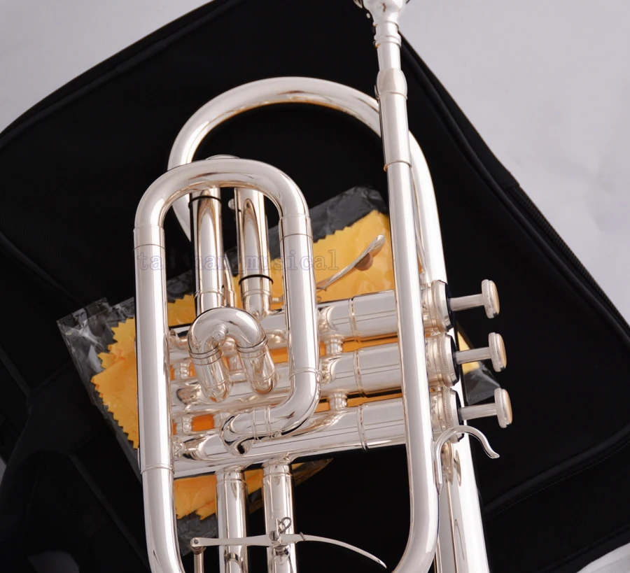 High quality Professional Silver Plated Double Trigger Cornet Horn B-Flat Monel Valve W/Case